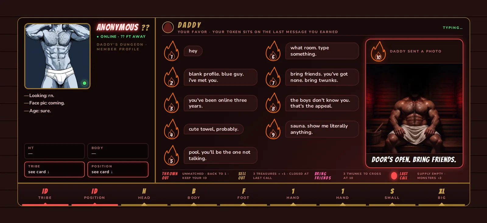 The Anonymous player board — a blank-silhouette dating profile with Daddy's DM thread as the score track
