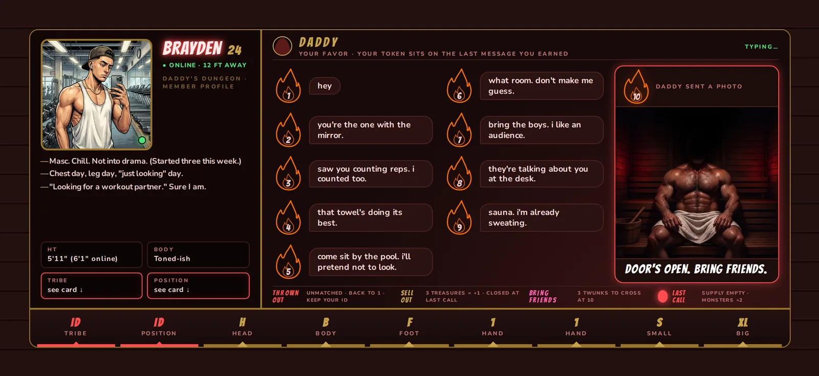 Brayden's player board — a gym-selfie dating profile with Daddy's DM thread as the score track