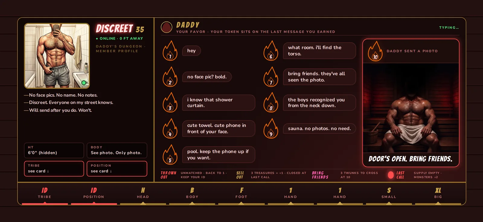 The Discreet player board — a headless-torso dating profile with Daddy's DM thread as the score track