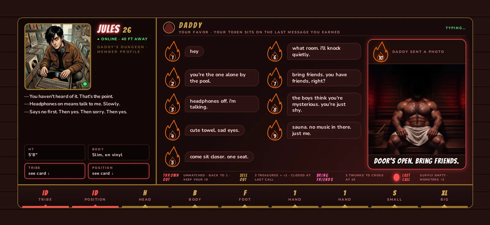 Jules's player board — a record-collector dating profile with Daddy's DM thread as the score track