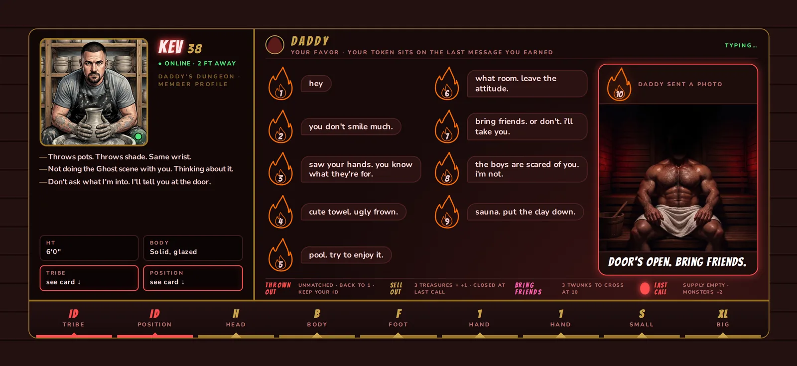 Kev's player board — a potter's dating profile with Daddy's DM thread as the score track
