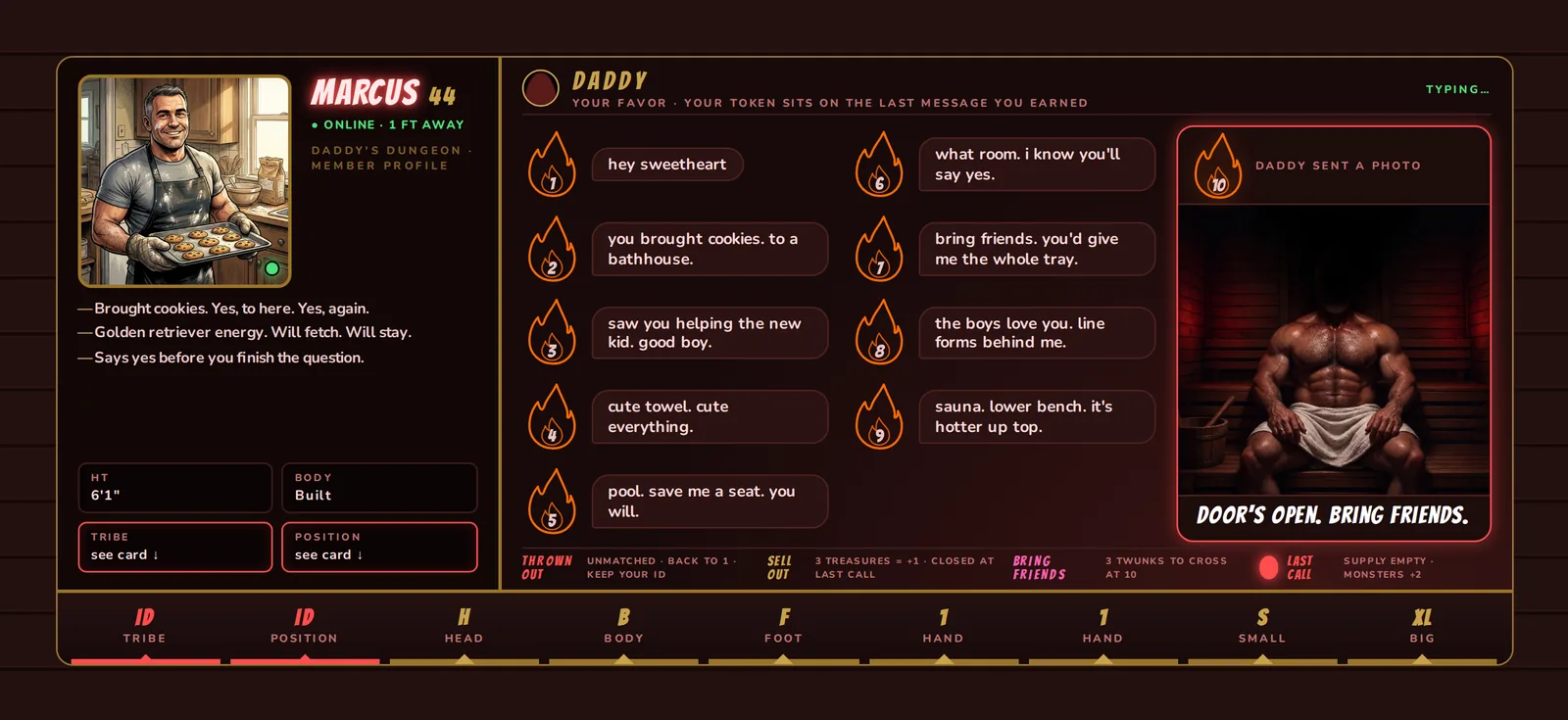 Marcus's player board — a baker's dating profile with Daddy's DM thread as the score track