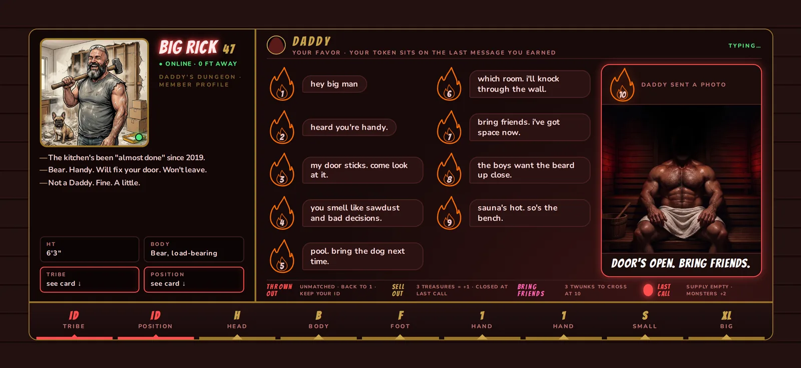 Big Rick's player board — a renovation-bear dating profile with Daddy's DM thread as the score track