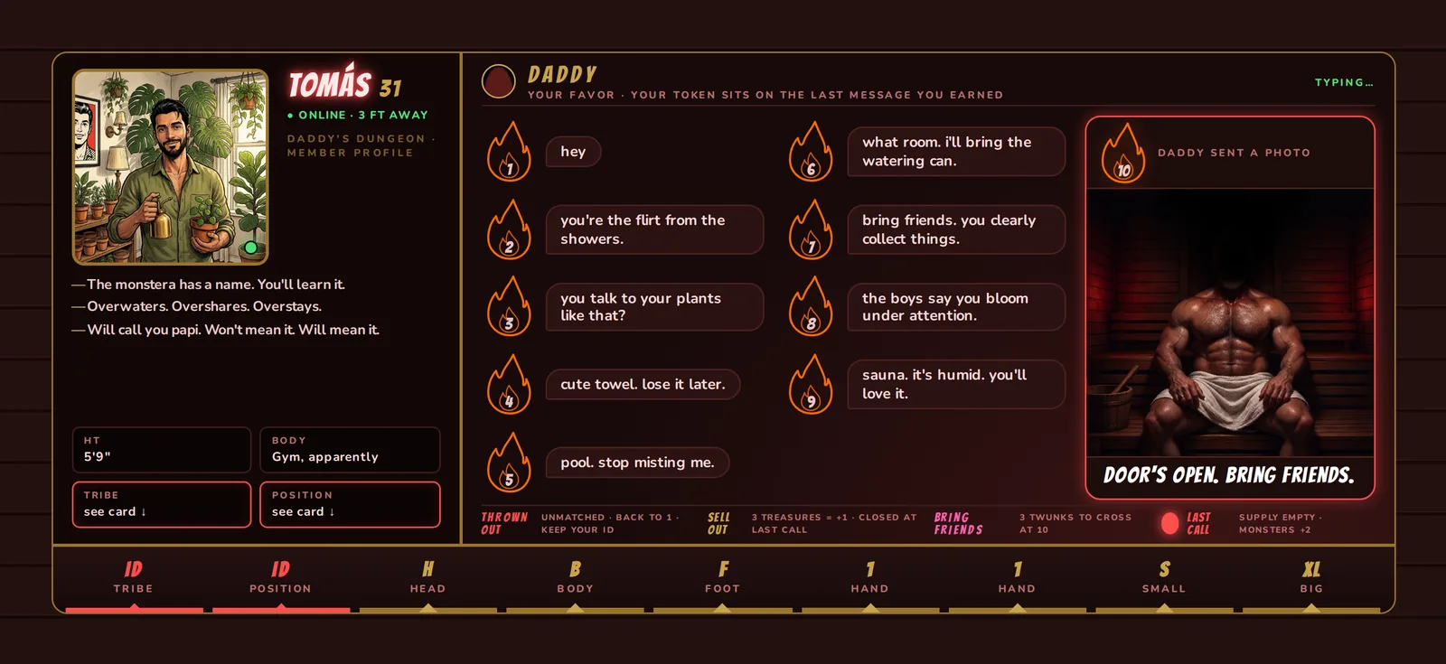 Tomás's player board — a plant-daddy dating profile with Daddy's DM thread as the score track
