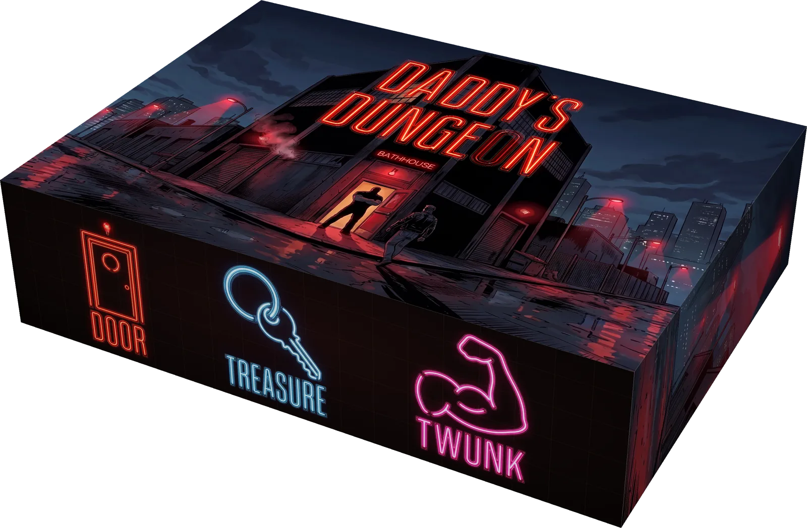 The Daddy's Dungeon: Bathhouse box, showing the bathhouse at night on the lid