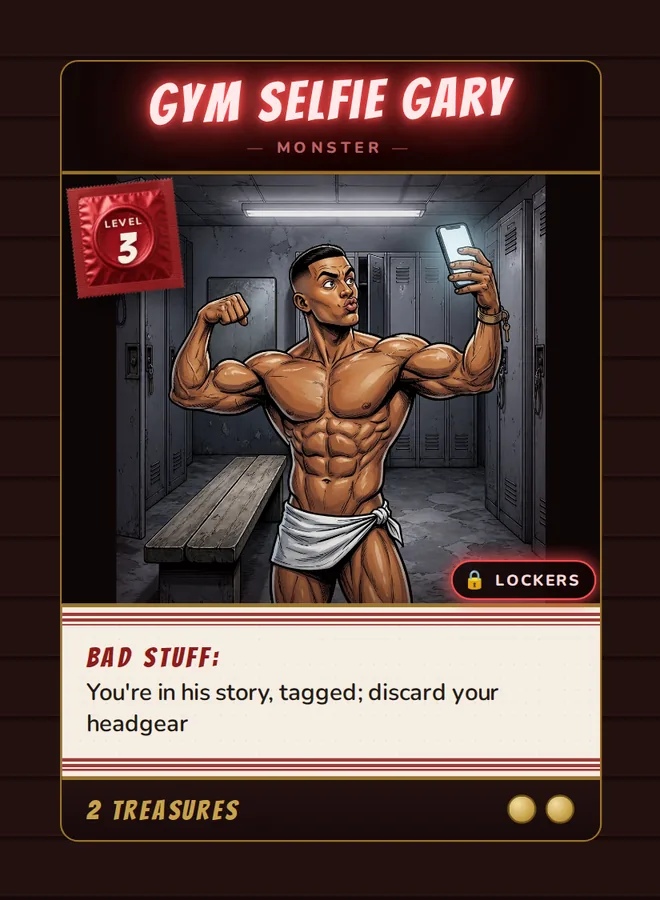 Gym Selfie Gary, a Level 3 monster card set in the locker room, from Daddy's Dungeon: Bathhouse