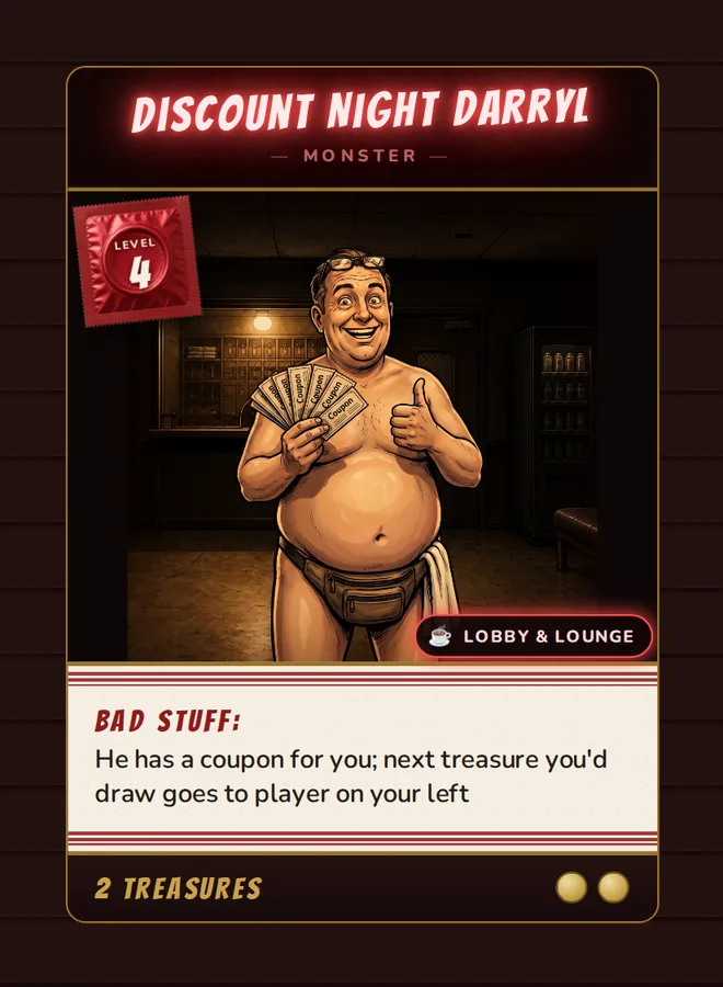 Discount Night Darryl, a Level 4 monster card set in the lobby, from Daddy's Dungeon: Bathhouse