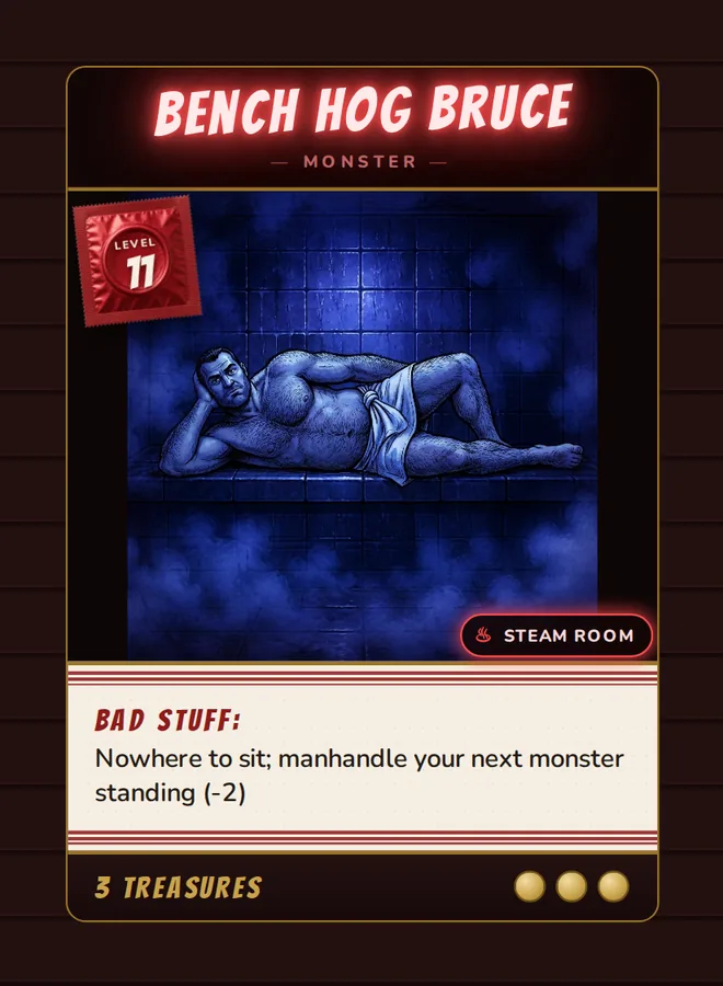 Bench Hog Bruce, a Level 11 monster card set in the steam room, from Daddy's Dungeon: Bathhouse