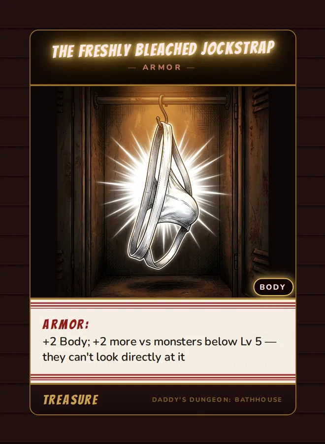 The Freshly Bleached Jockstrap, a armor card from the Treasure deck of Daddy’s Dungeon: Bathhouse