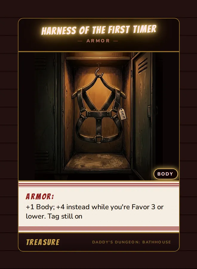 Harness of the First Timer, a armor card from the Treasure deck of Daddy’s Dungeon: Bathhouse