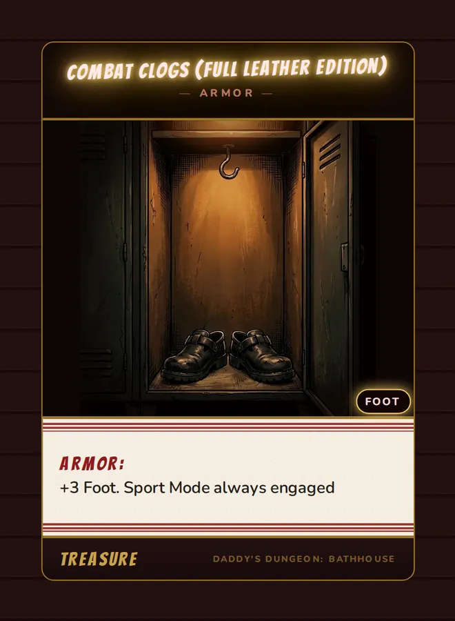 Combat Clogs (Full Leather Edition), a armor card from the Treasure deck of Daddy’s Dungeon: Bathhouse