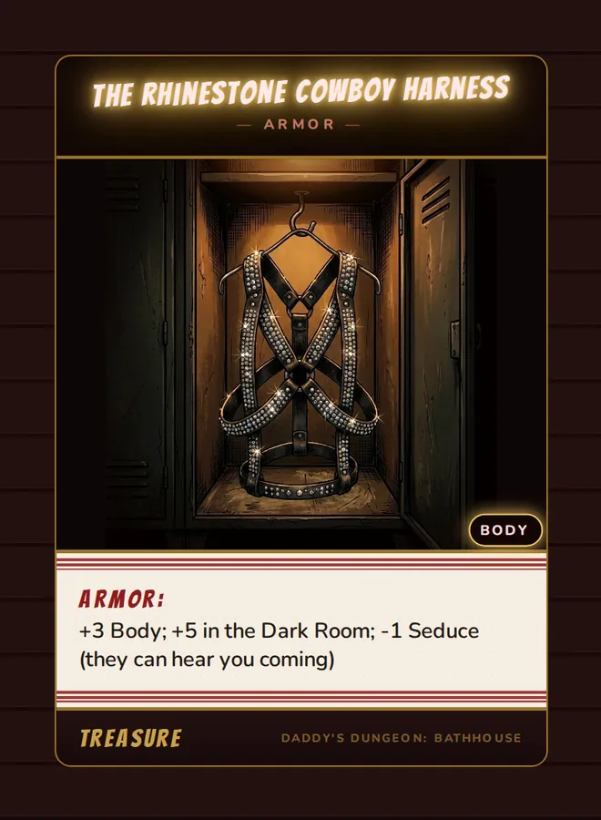 The Rhinestone Cowboy Harness, a armor card from the Treasure deck of Daddy’s Dungeon: Bathhouse