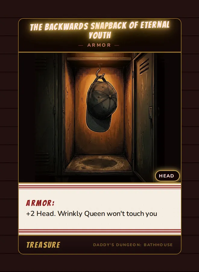 The Backwards Snapback of Eternal Youth, a armor card from the Treasure deck of Daddy’s Dungeon: Bathhouse