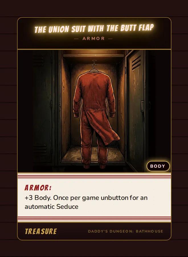 The Union Suit With the Butt Flap, a armor card from the Treasure deck of Daddy’s Dungeon: Bathhouse