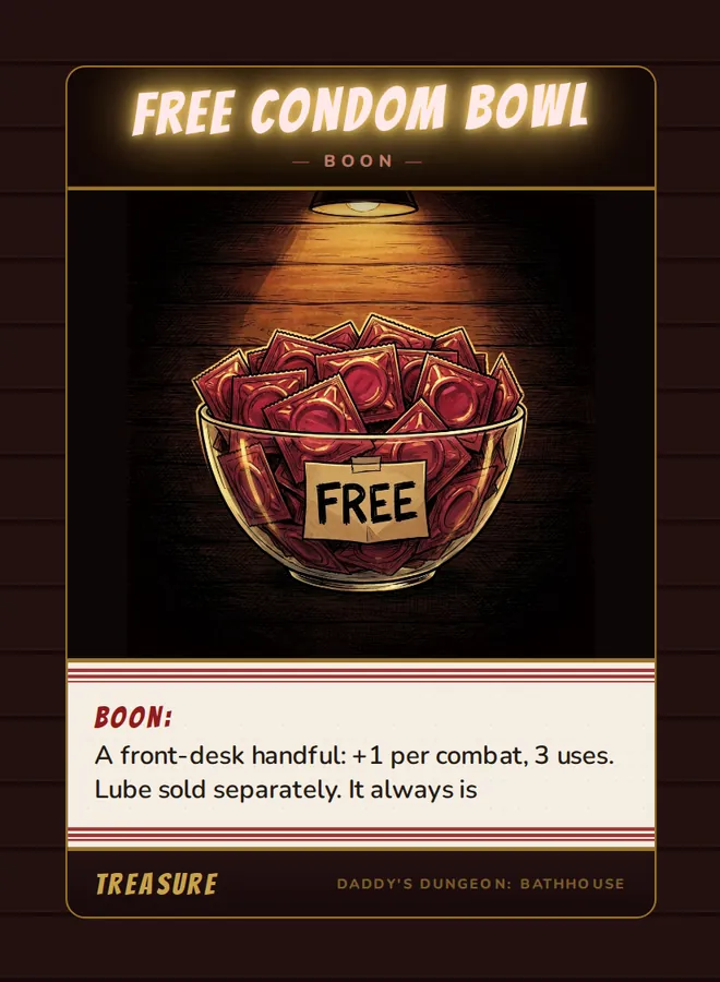 Free Condom Bowl, a boon card from the Treasure deck of Daddy’s Dungeon: Bathhouse