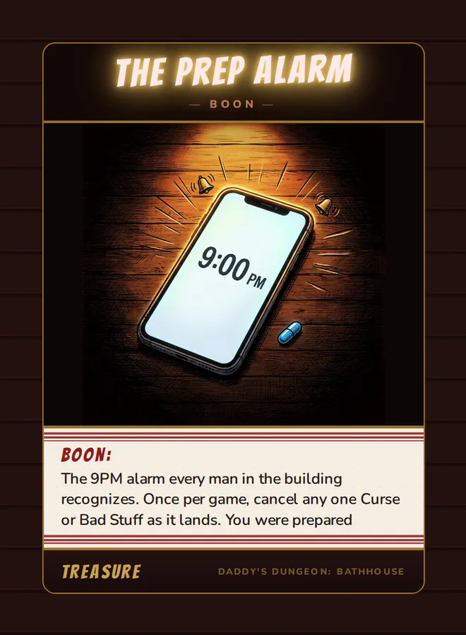 The PrEP Alarm, a boon card from the Treasure deck of Daddy’s Dungeon: Bathhouse