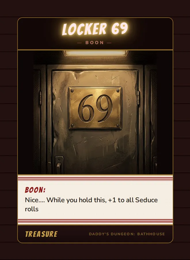 Locker 69, a boon card from the Treasure deck of Daddy’s Dungeon: Bathhouse