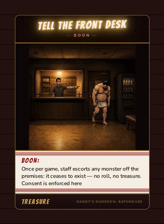Tell the Front Desk, a boon card from the Treasure deck of Daddy’s Dungeon: Bathhouse
