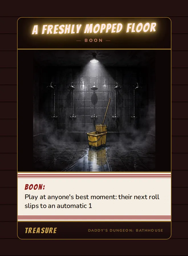 A Freshly Mopped Floor, a boon card from the Treasure deck of Daddy’s Dungeon: Bathhouse