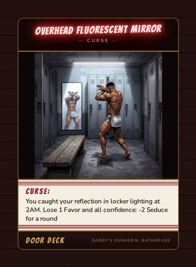 Curse! Overhead Fluorescent Mirror, a curse card from the Door deck of Daddy’s Dungeon: Bathhouse