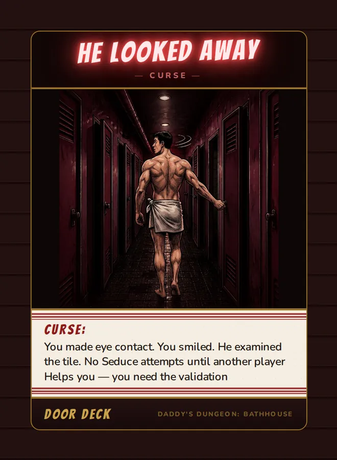 Curse! He Looked Away, a curse card from the Door deck of Daddy’s Dungeon: Bathhouse