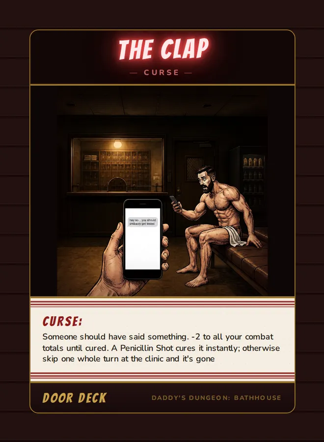 Curse! The Clap, a curse card from the Door deck of Daddy’s Dungeon: Bathhouse