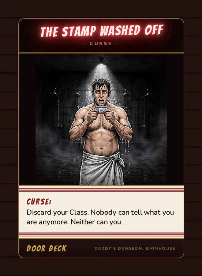 Curse! The Stamp Washed Off, a curse card from the Door deck of Daddy’s Dungeon: Bathhouse