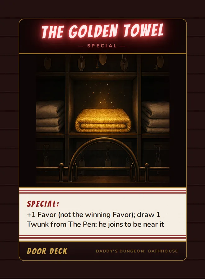 The Golden Towel, a special card from the Door deck of Daddy’s Dungeon: Bathhouse