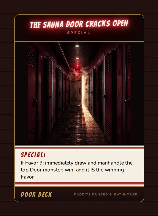 The Sauna Door Cracks Open, a special card from the Door deck of Daddy’s Dungeon: Bathhouse
