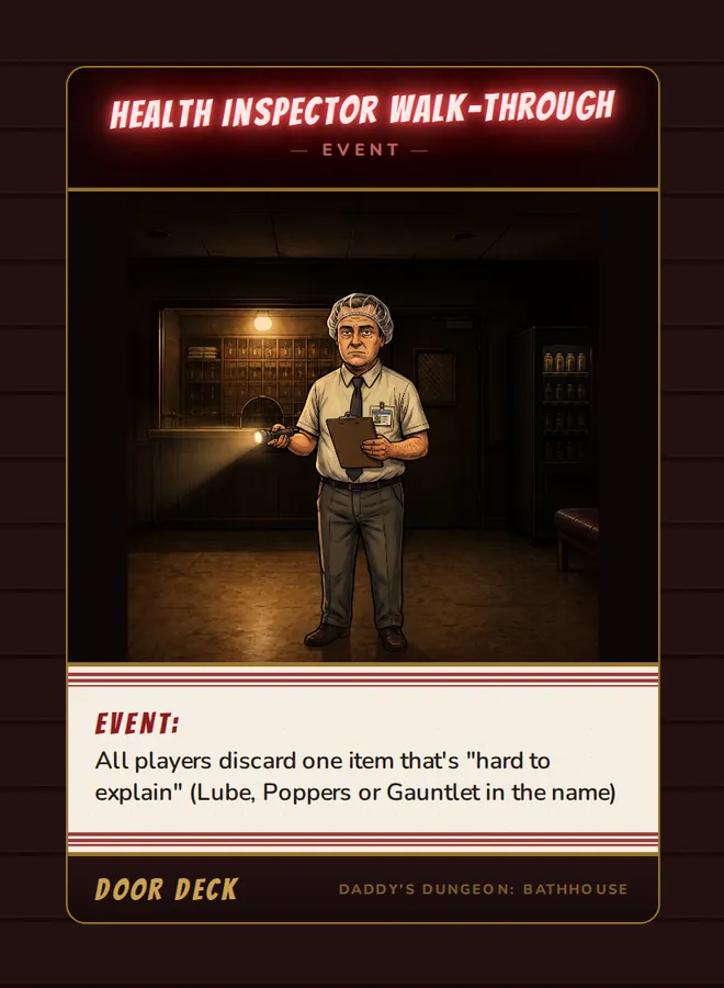Event! Health Inspector Walk-Through, a event card from the Door deck of Daddy’s Dungeon: Bathhouse