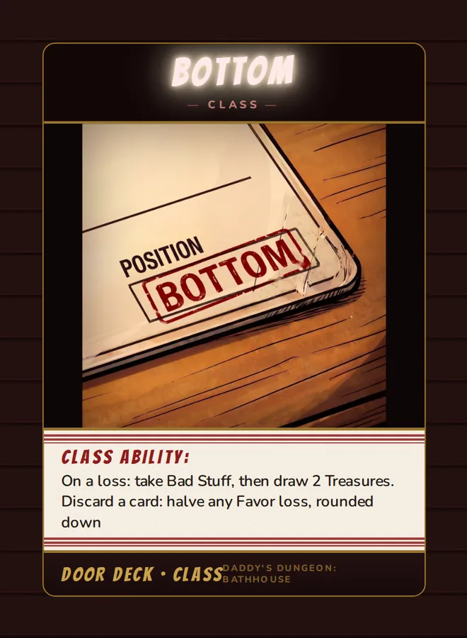 Bottom, a class card from the Door deck of Daddy’s Dungeon: Bathhouse