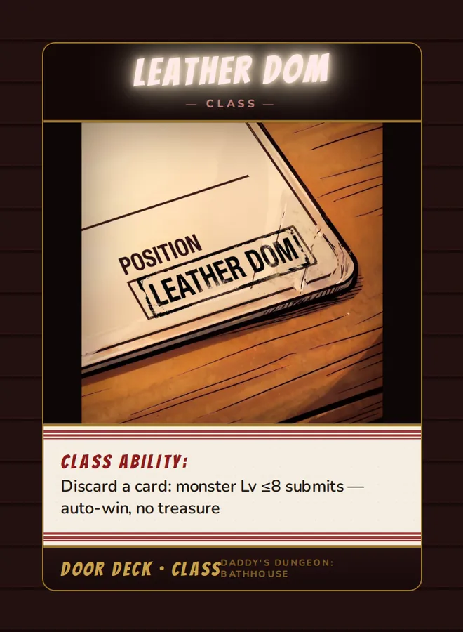 Leather Dom, a class card from the Door deck of Daddy’s Dungeon: Bathhouse
