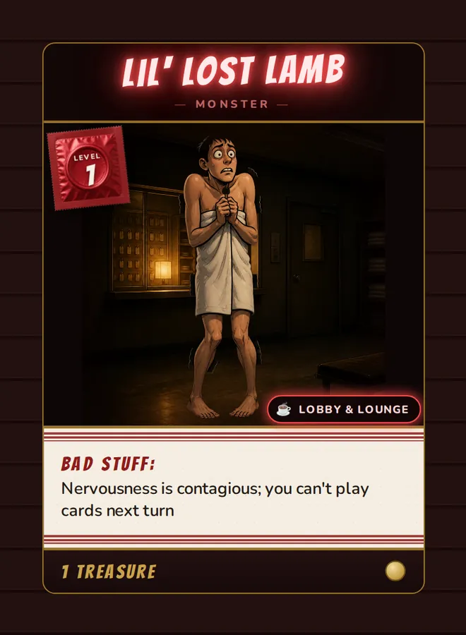 Lil' Lost Lamb, a Level 1 monster card set in the Lobby & Lounge, from Daddy’s Dungeon: Bathhouse