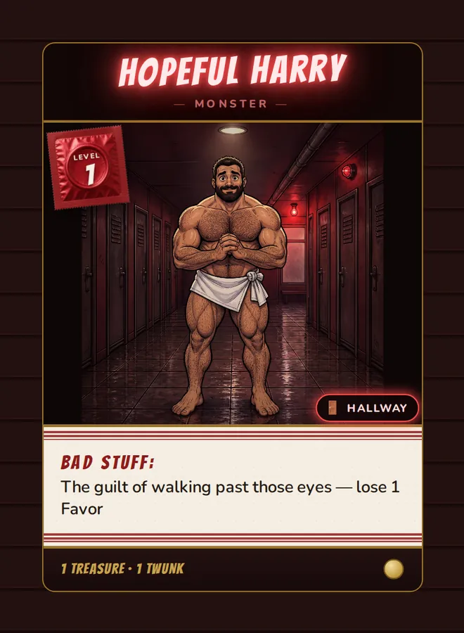 Hopeful Harry, a Level 1 monster card set in the Hallway, from Daddy’s Dungeon: Bathhouse