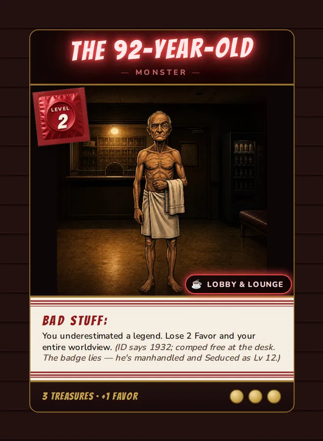 The 92-Year-Old, a Level 2 monster card set in the Lobby & Lounge, from Daddy’s Dungeon: Bathhouse