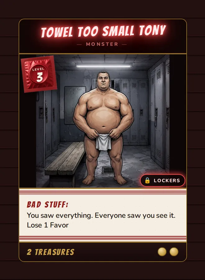 Towel Too Small Tony, a Level 3 monster card set in the Lockers, from Daddy’s Dungeon: Bathhouse