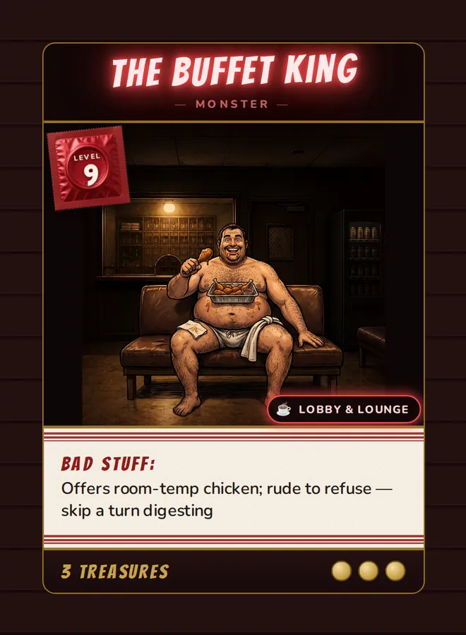 The Buffet King, a Level 9 monster card set in the Lobby & Lounge, from Daddy’s Dungeon: Bathhouse