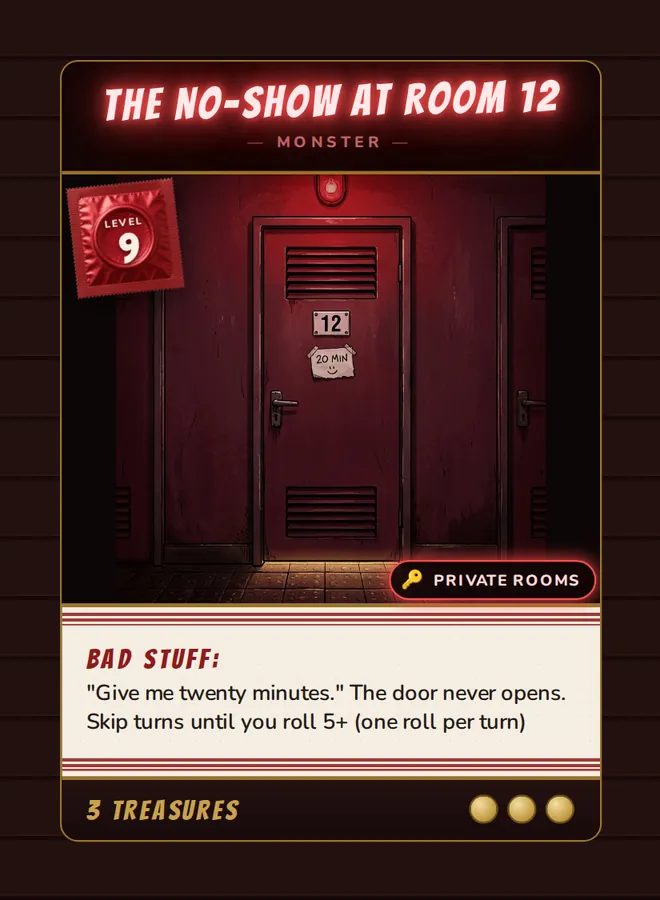 The No-Show at Room 12, a Level 9 monster card set in the Private Rooms, from Daddy’s Dungeon: Bathhouse
