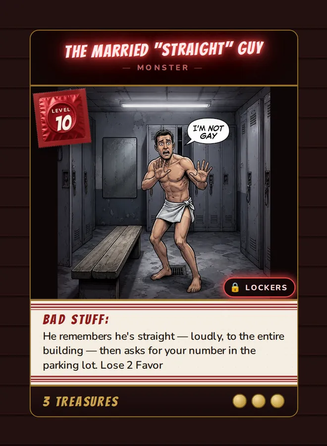 The Married "Straight" Guy, a Level 10 monster card set in the Lockers, from Daddy’s Dungeon: Bathhouse