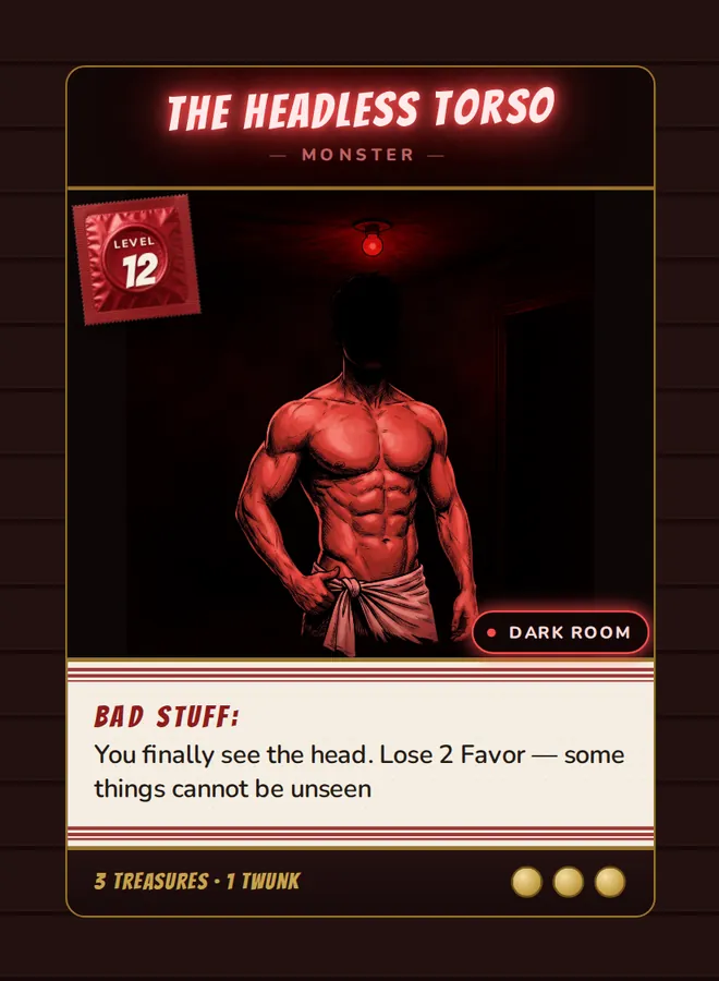 The Headless Torso, a Level 12 monster card set in the Dark Room, from Daddy’s Dungeon: Bathhouse