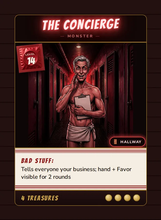The Concierge, a Level 14 monster card set in the Hallway, from Daddy’s Dungeon: Bathhouse