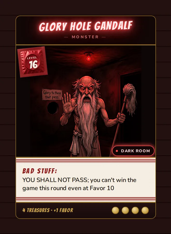 Glory Hole Gandalf, a Level 16 monster card set in the Dark Room, from Daddy’s Dungeon: Bathhouse