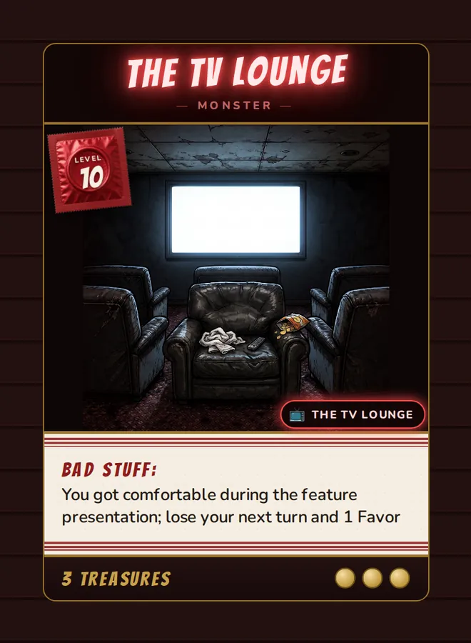 The TV Lounge, a Level 10 monster card set in the The TV Lounge, from Daddy’s Dungeon: Bathhouse