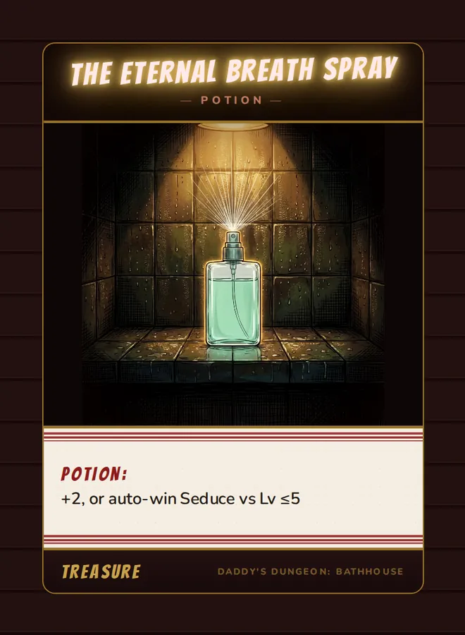 The Eternal Breath Spray, a potion card from the Treasure deck of Daddy’s Dungeon: Bathhouse