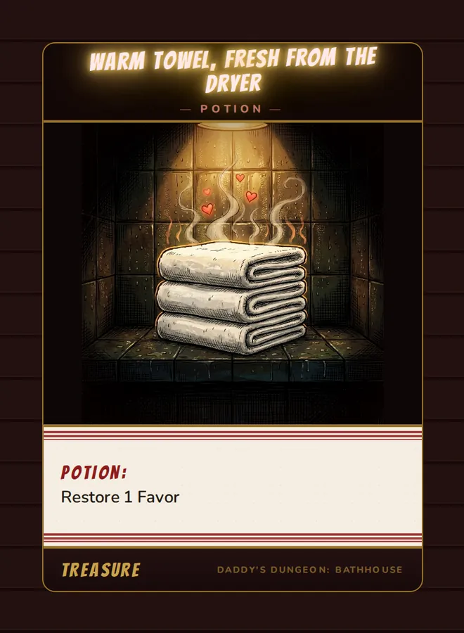 Warm Towel, Fresh From the Dryer, a potion card from the Treasure deck of Daddy’s Dungeon: Bathhouse