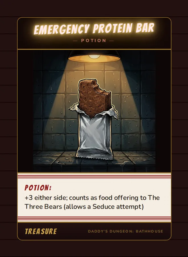 Emergency Protein Bar, a potion card from the Treasure deck of Daddy’s Dungeon: Bathhouse