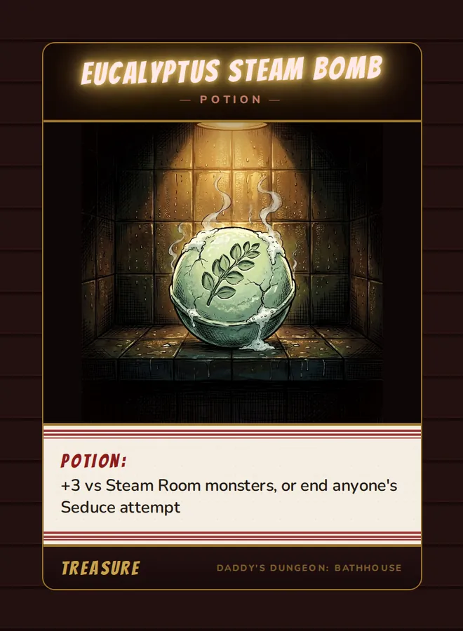 Eucalyptus Steam Bomb, a potion card from the Treasure deck of Daddy’s Dungeon: Bathhouse