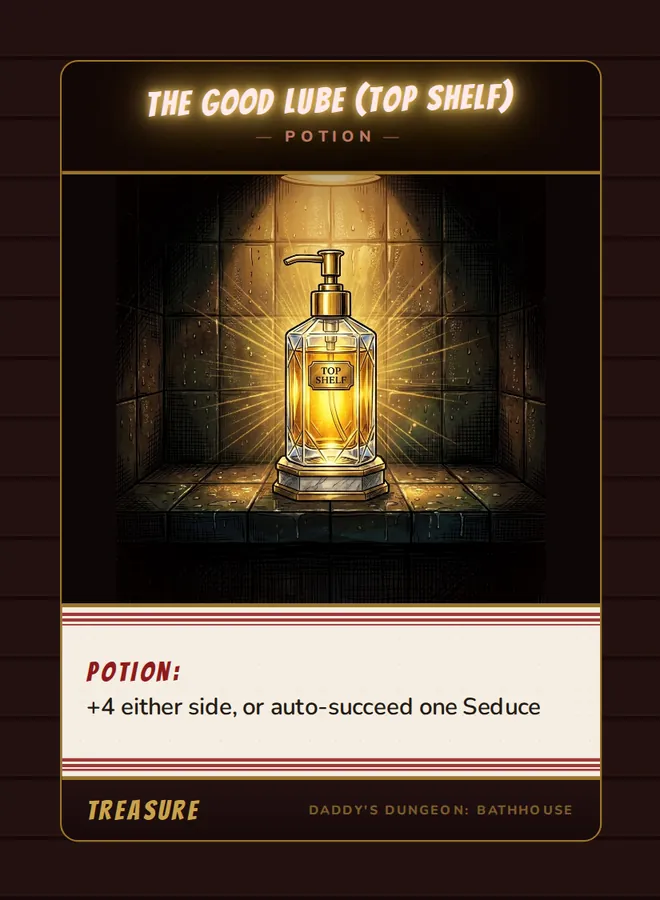 The Good Lube (Top Shelf), a potion card from the Treasure deck of Daddy’s Dungeon: Bathhouse