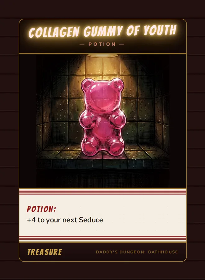 Collagen Gummy of Youth, a potion card from the Treasure deck of Daddy’s Dungeon: Bathhouse
