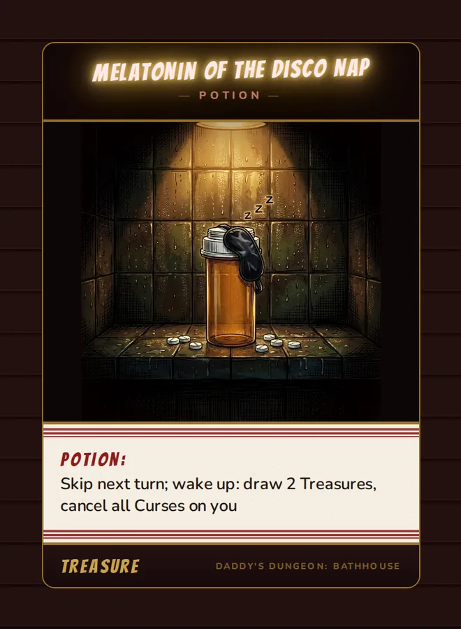 Melatonin of the Disco Nap, a potion card from the Treasure deck of Daddy’s Dungeon: Bathhouse